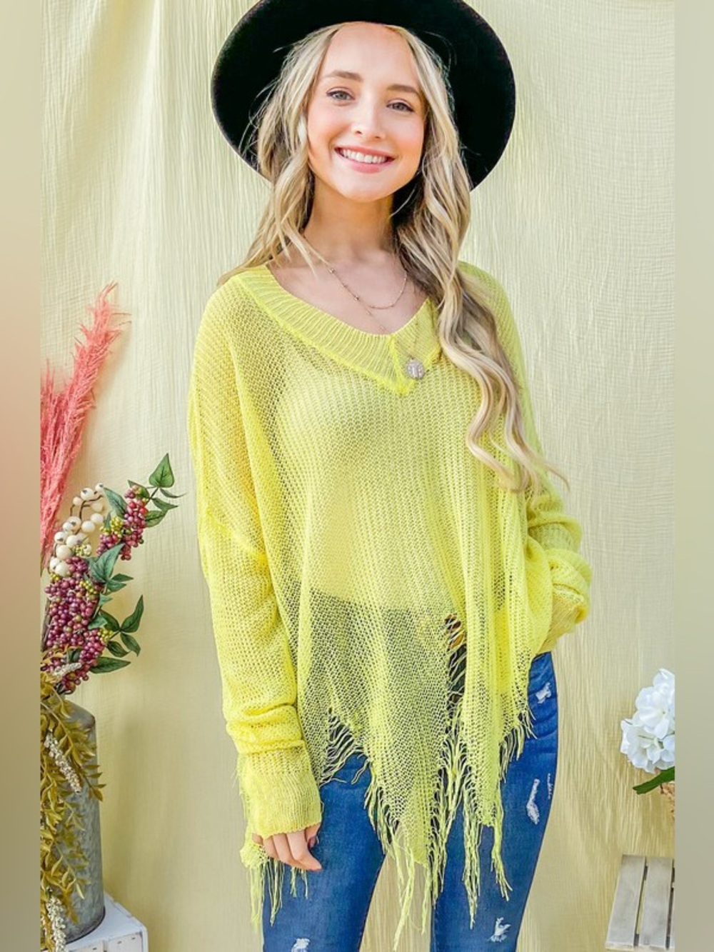 And The Why Distressed Mesh V Neck Spring Sweater Cover Up